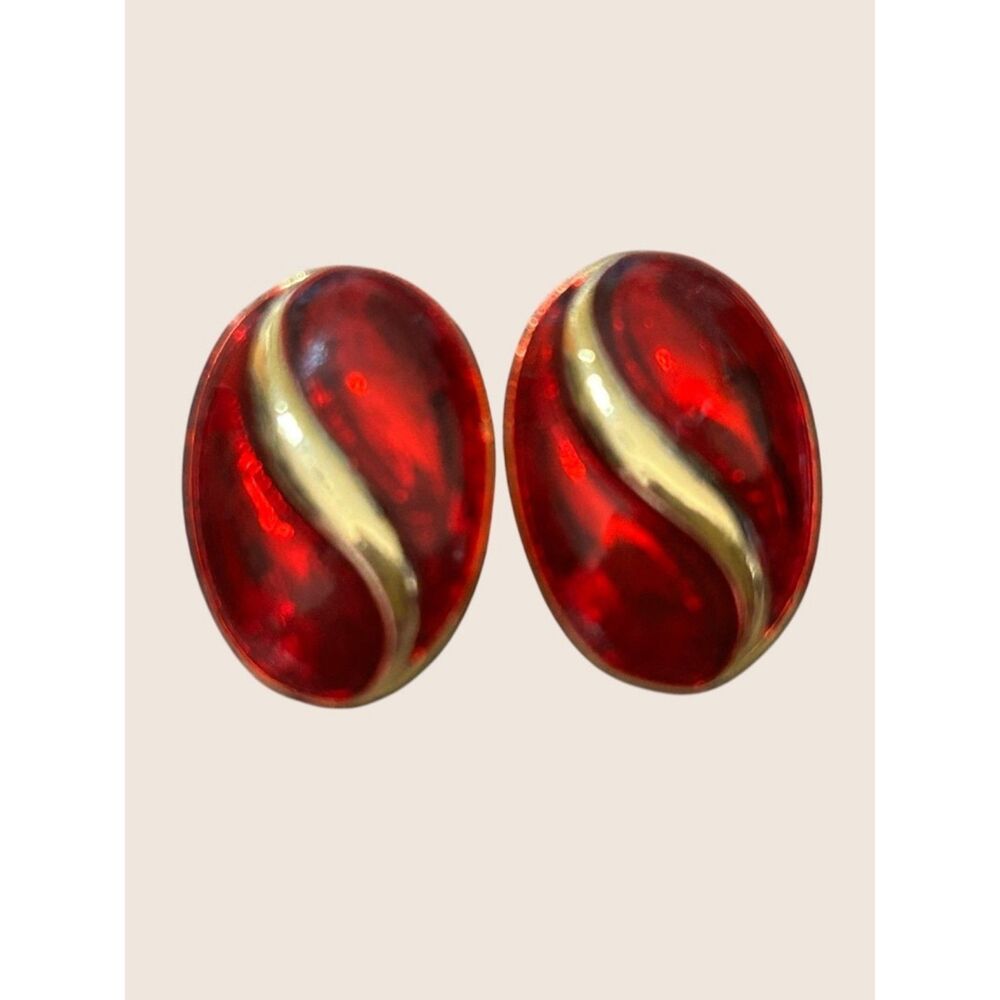 ❤️ VTG 80s RED ENAMEL GOLD TONE OVAL SWIRL WAVE DOMED ESTATE CLIP ON EARRINGS